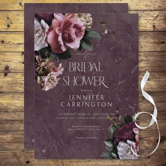 マルーン&ピンクフローラモダンブライダルシャワー 招待状