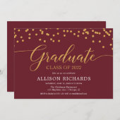 マルーン・ブルゴンディ・金ゴールドエレガント2022年卒業 招待状 (正面/裏面)