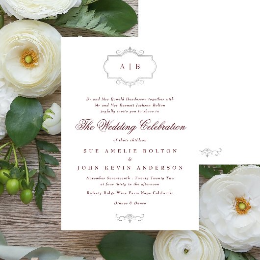 マルーン・ブルゴーニュ銀クラシックモノグラム結婚ズ 招待状