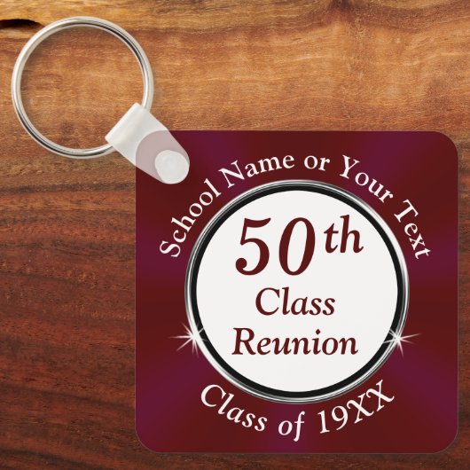 マルーン、ホワイト、第50回高校懇親会おみやげ キーホルダー (正面)