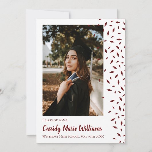 マルーン·ホワイト·紙吹雪卒業発表 招待状 (正面)