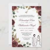 マルーン+レッド+ウォーターカラーのバラの花 シク教の結婚式 招待状 (正面)