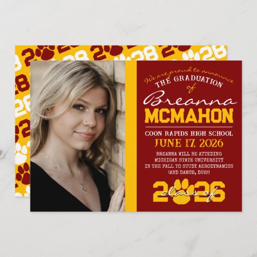 マルーン&金ゴールドポープリント卒業発表 招待状 (正面/裏面)