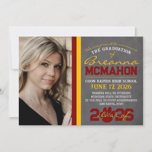 マルーン&金ゴールドポープリント卒業発表 招待状 (正面)