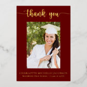 マルーン&金ゴールド卒業写真サンキューカード 箔招待状 (正面)