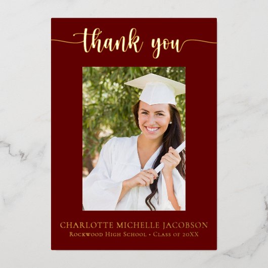 マルーン&金ゴールド卒業写真サンキューカード 箔招待状 (正面)