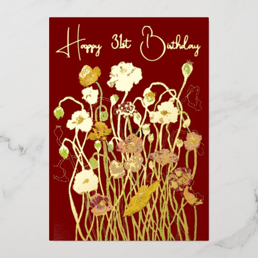 マルーン&金ゴールド野生のポピー水の色の熟成誕生日 箔シーズンカード (正面)