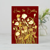 マルーン&金ゴールド野生のポピー水の色の熟成誕生日 箔シーズンカード (立ち正面)