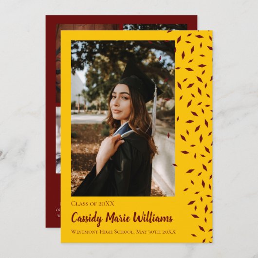 マルーン·金ゴールド·紙吹雪卒業発表 招待状 (正面/裏面)