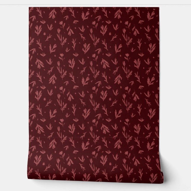 マルーンMoody手描きフローラヴィンテージピールスティック 壁紙 (ほどく)