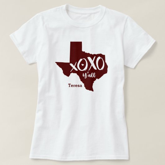 マルーンXOXO, Y'all -テキサス州州シェイプ Tシャツ (デザイン正面)