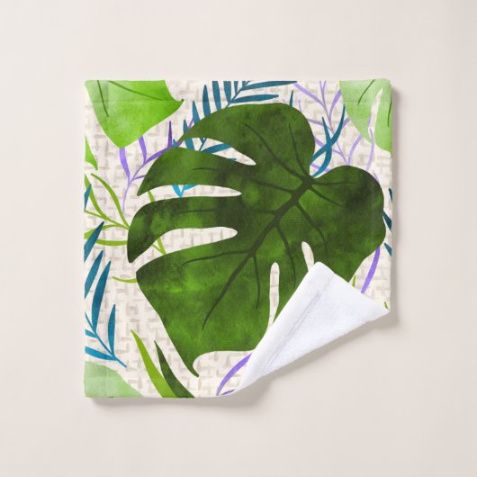 マレアモンステラトロピカルハワイアンウォーターカラーグリーン バスタオルセット (ウォッシュタオル)