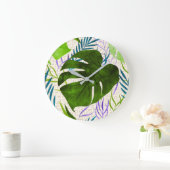 マレアモンステラトロピカルハワイアンウォーターカラーグリーン ラージ壁時計 (ホーム)