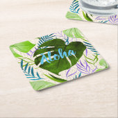 マレアモンステラ熱帯ハワイアンウォーターカラーグリーン スクエアペーパーコースター (アングル)