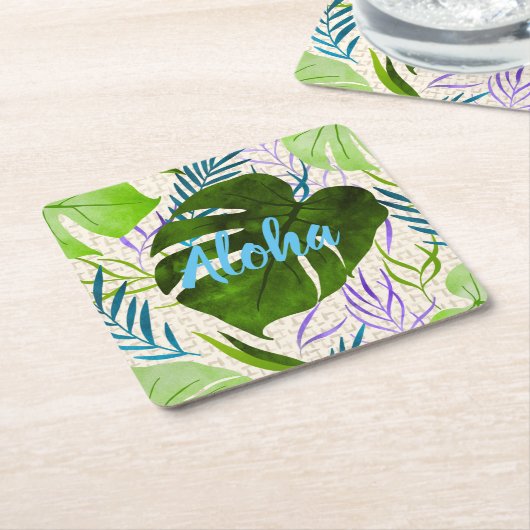 マレアモンステラ熱帯ハワイアンウォーターカラーグリーン スクエアペーパーコースター (アングル)