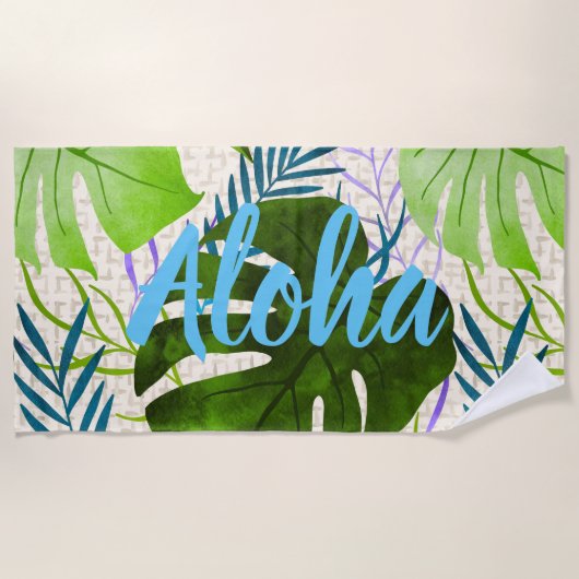 マレアモンステラ熱帯ハワイアンウォーターカラーグリーン ビーチタオル (正面)