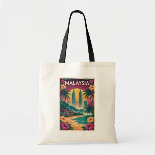 マレーシアの風景イラスト 旅行アート ビンテージ トートバッグ (正面)