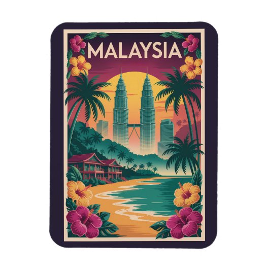 マレーシアの風景イラスト 旅行アート ビンテージ マグネット (縦)