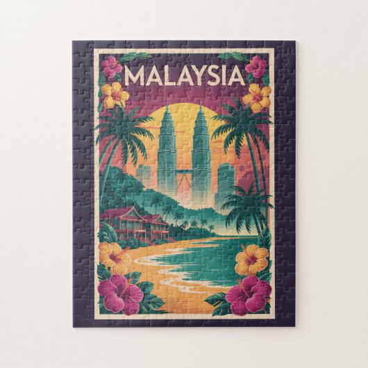 マレーシアの風景イラスト 旅行アート ヴィンテージ ジグソーパズル (縦)