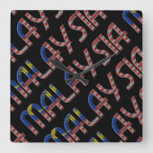 マレーシアフラッグカラーズタイポグラフィ東南アジア スクエア壁時計 (正面)