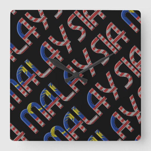 マレーシアフラッグカラーズタイポグラフィ東南アジア スクエア壁時計 (正面)