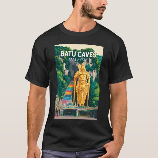 マレーシア バトゥ洞窟 イラスト 旅行アート レトロ Tシャツ (正面)