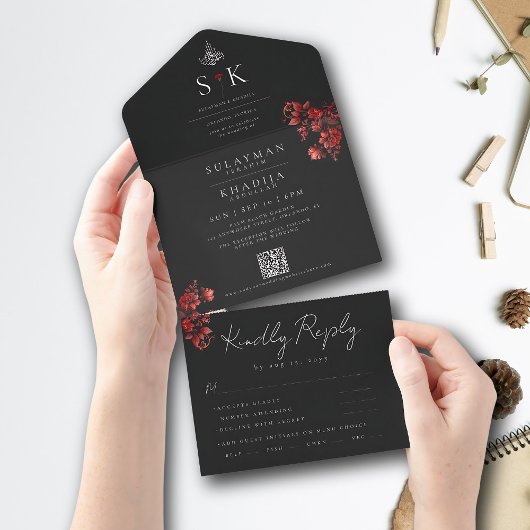 マロミニマルーンB&Wイスラム結婚教徒 オールインワン招待状