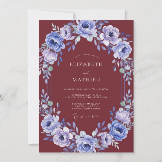 マロンパープルウォーターカラーウェディング 招待状 (正面)