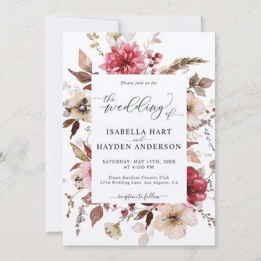 マロンレッド ブラッシュピンク オールインワン QRコード ウェディング 招待状 (正面)