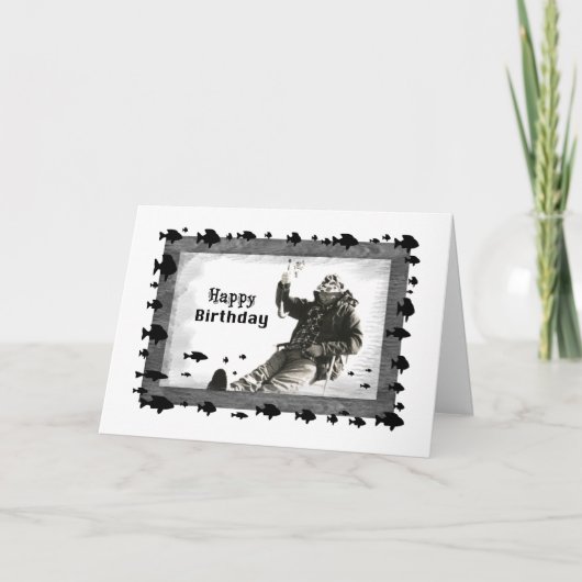 マンアイス魚釣り、誕生日 カード (正面)