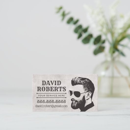 マンインサングラスレトロタイポグラフィプロフェッショナル 名刺 (スタンド正面)