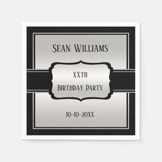 マンエレガントズシルバー&ブラック誕生日 スタンダードカクテルナプキン (正面)