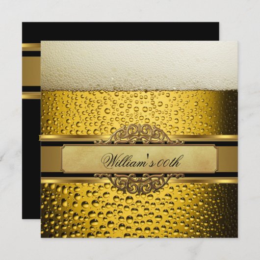マンエレガントビールブラック金ゴールド誕生日パーティーメンズ 招待状 (正面/裏面)
