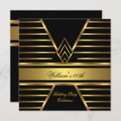 マンエレガントブラック金ゴールドストライプバースデーパーティーメン 招待状 (正面/裏面)
