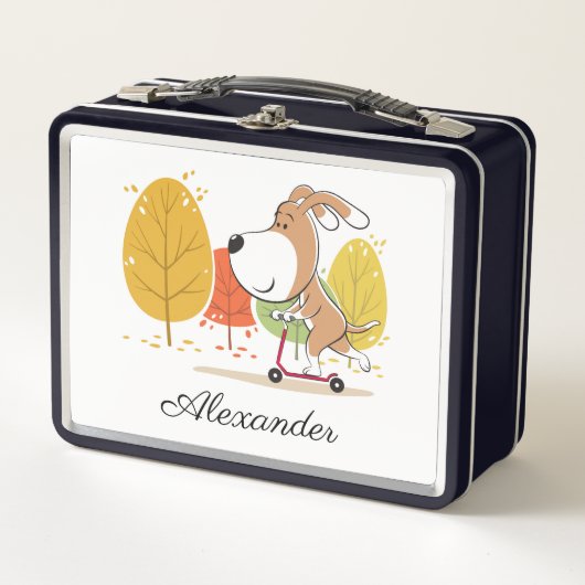 マンガおもしろいーの子犬のキックスクーターの金属弁当箱 メタルランチボックス (正面)