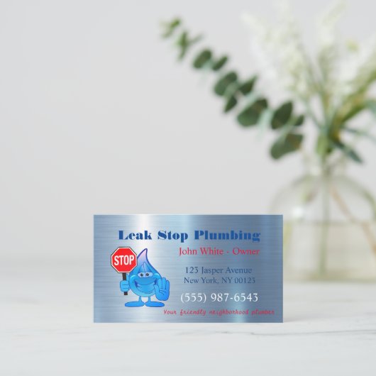 マンガのウォータードロッププランバーの男の給排水衛生設備サービス 名刺 (スタンド正面)