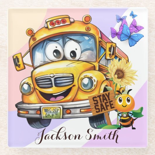 マンガのスクールバスドライバーは安全にパーソナライズされた滞在 ガラスコースター (正面)