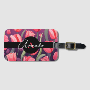 マンガのピンクと紫のモノグラームのチューリップパターン ラゲッジタグ