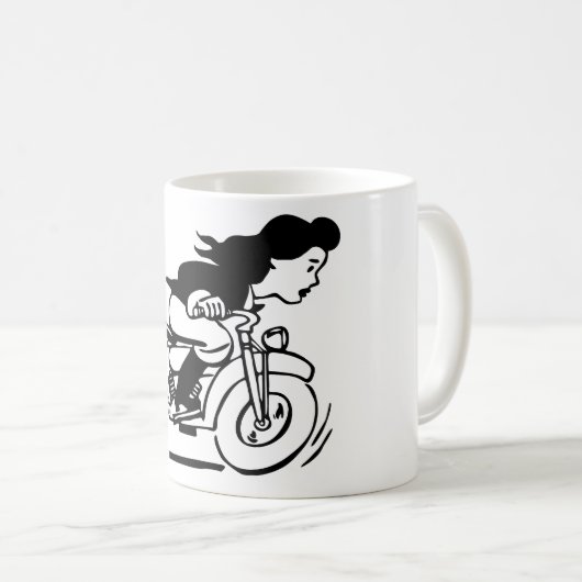 マンガの女性乗用バイクバイクもしくは自転車に乗る人雛絵 コーヒーマグカップ (正面右)