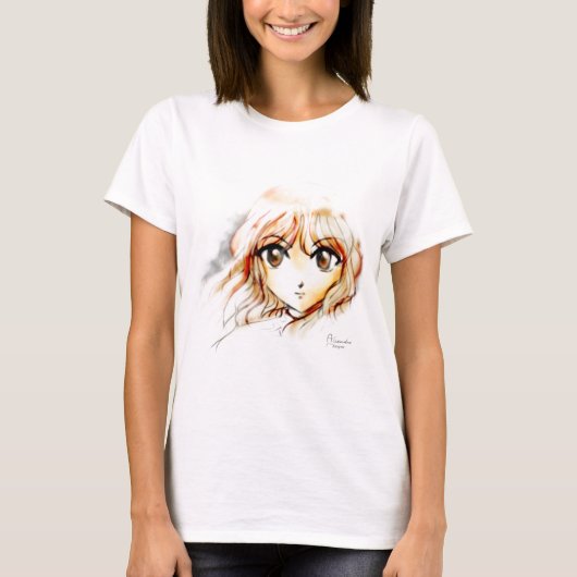 マンガの日本製アニメの女の子のスケッチのかわいい大きい目のかわいい Tシャツ (正面)