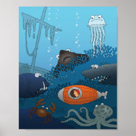 マンガの潜水艦の少年の海中動物魚 ポスター