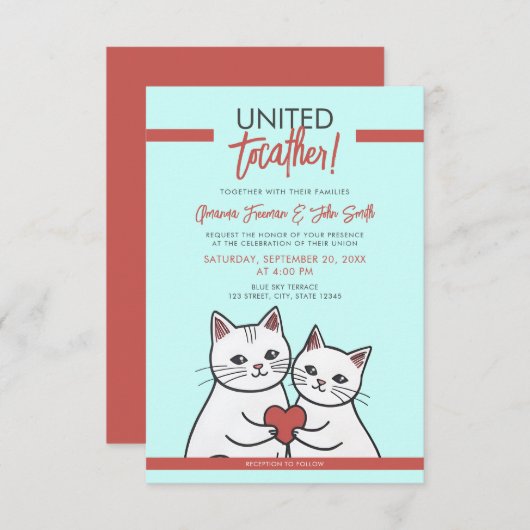 マンガの赤お洒落猫と白結婚猫 招待状 (正面/裏面)