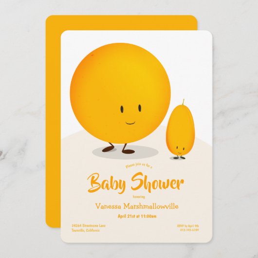 マンガオレンジ色の白いクンコートフルーツベビーシャワー 招待状 (正面/裏面)