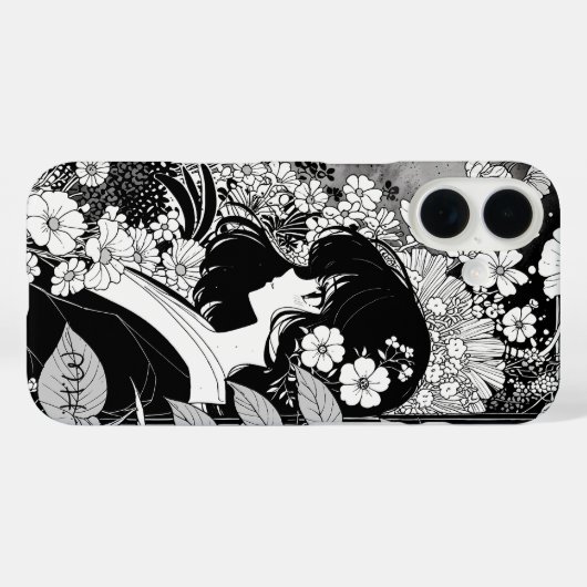 マンガガールフローラ白黒モノグラム名前をカスタムする Case-Mate iPhoneケース (裏面 (横))