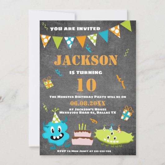 マンガブルーグリーンモンスタカスタムー文字誕生日 招待状 (正面)