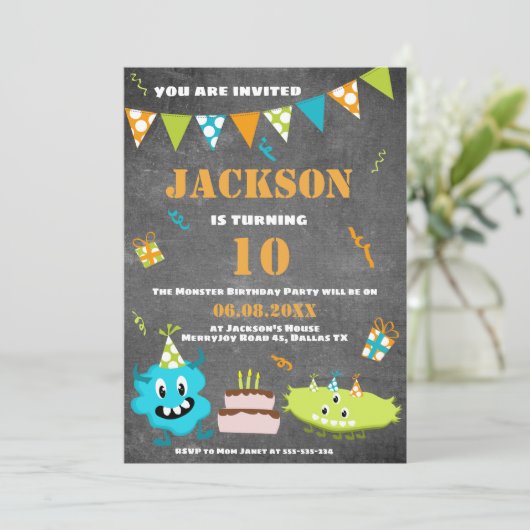 マンガブルーグリーンモンスタカスタムー文字誕生日 招待状 (スタンド正面)