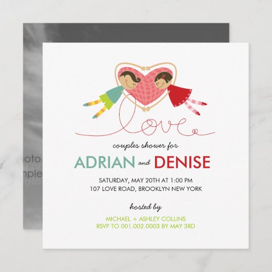 マンガボーイガールラブハートカップルウェディングシャワー 招待状 (正面/裏面)