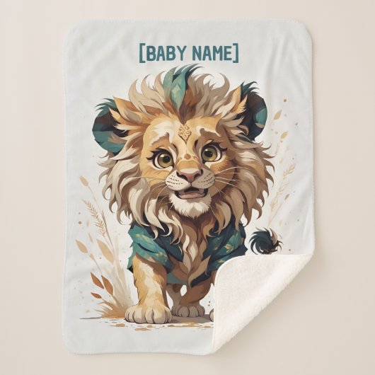 マンガリトルライオンベージュターコイズ パーソナライズされた シェルパブランケット (正面)