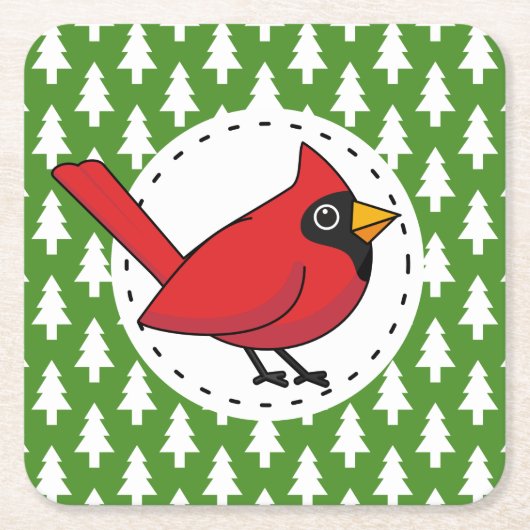 マンガレッド(鳥)ショウジョウコウカンチョウオングリーンホワイトパインズパターン スクエアペーパーコースター (正面)
