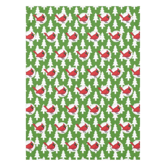 マンガレッド（鳥）ショウジョウコウカンチョウオングリーンホワイトパインズパターン テーブルクロス (正面)